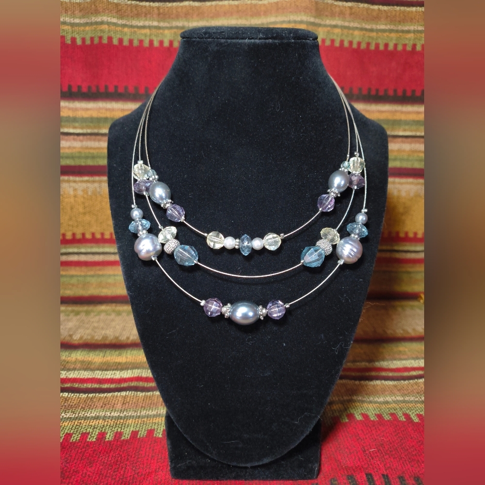 Vintage NAPIER Floating Beads Necklace Silver Tone Gray Blue Crystals Faux Pearl